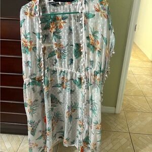 Club Z Collection Floral Swiss Dot Swim Cover-Up w/ Pom Pom Trim – Size M
